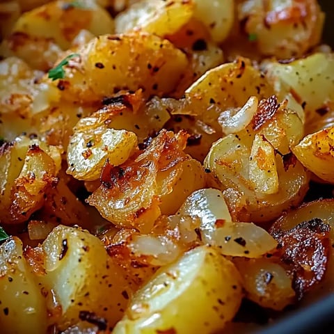 Un gros plan de pommes de terre dorées et croustillantes mélangées avec des oignons sautés et assaisonnées d'herbes.
