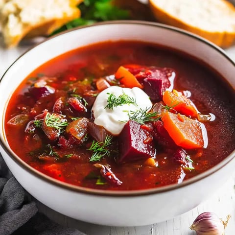 Un bol de soupe rouge vif garni de crème fraîche et d'aneth frais, accompagné de tranches de pain et d'une gousse d'ail.