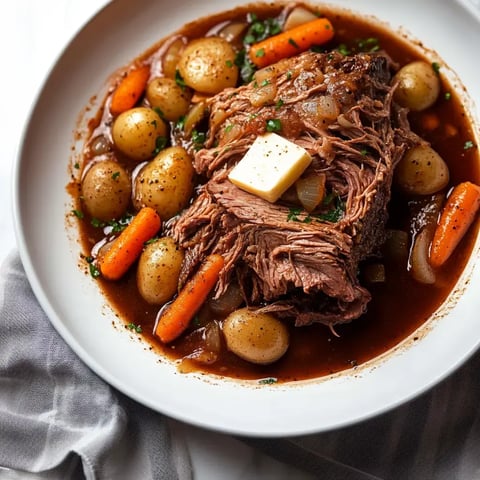Une portion de bœuf effiloché tendre avec carottes et petites pommes de terre dans une sauce riche, garnie d'une noisette de beurre et d'herbes fraîches.