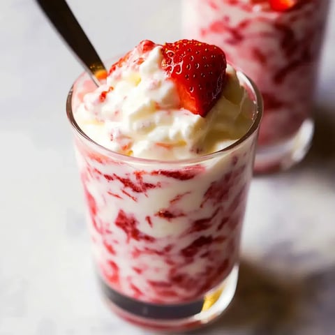 Un dessert en verre présentant des couches de crème fouettée et de purée de fraises, garni d'une fraise fraîche.