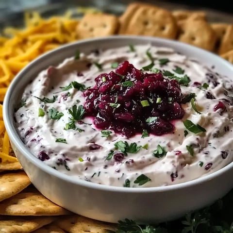 Un bol de tartinade crémeuse recouvert de cranberry et fines herbes, entouré de crackers et fromage râpé.