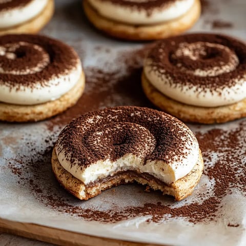 Un gros plan d'un biscuit avec une bouchée prise, montrant un fourrage crémeux et saupoudré de cacao, entouré d'autres biscuits similaires sur une plaque de cuisson.