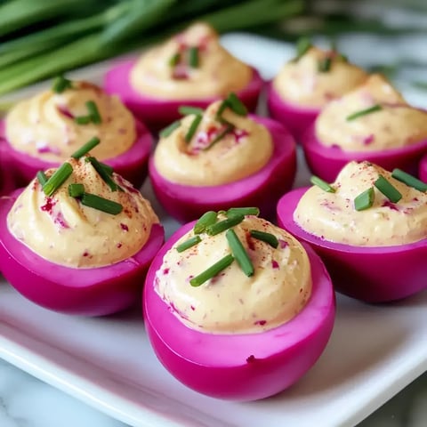Gros plan sur des oeufs roses farcis à la garniture crémeuse, ciboulette et épices, posés sur un plat blanc.