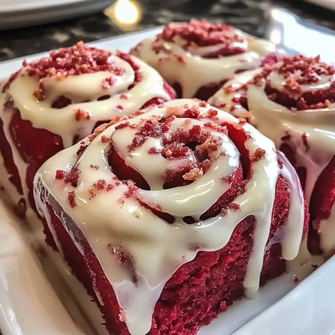 Une assiette de roulés velours rouge à la cannelle, nappés de glaçage au fromage frais et éclats de gâteau rouge.