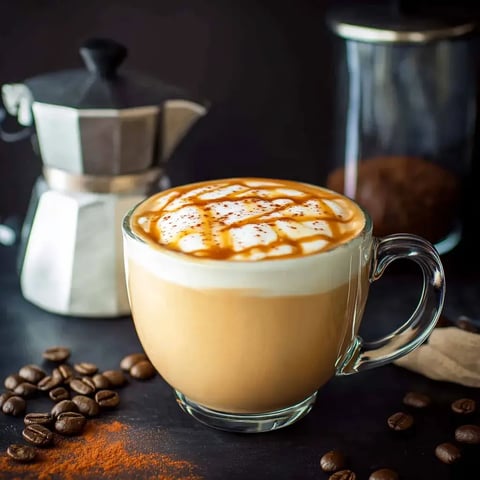 Une tasse en verre de café surmontée de crème fouettée et d'un filet de caramel, entourée de grains de café et d'une cafetière italienne.