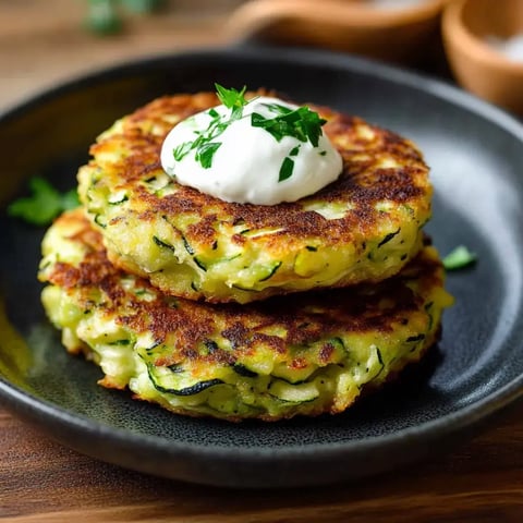 Deux galettes dorées de courgette empilées sur une assiette noire, garnies d'une cuillerée de crème fraîche et de persil frais.
