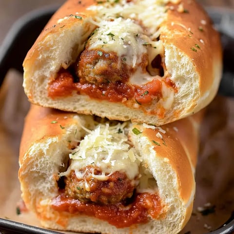 Une image en gros plan d'un sandwich aux boulettes coupé, garni de sauce tomate et fromage fondu.
