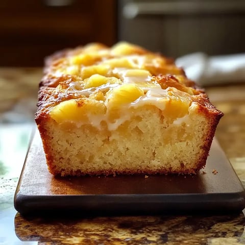 Un gâteau doré à l’ananas avec glaçage brillant posé sur une planche en bois, tout juste sorti du four.