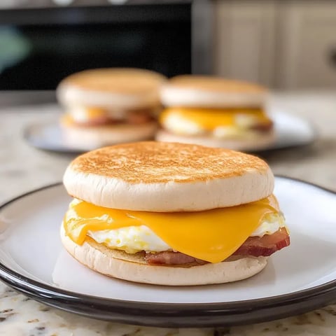 Un muffin anglais grillé garni d'un œuf frit, de bacon et de cheddar fondu présenté sur une assiette, avec d'autres sandwichs en arrière-plan.
