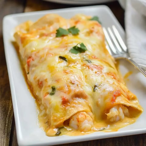 Une assiette d'enchiladas aux crevettes garnies de fromage et de coriandre posée sur une table en bois.