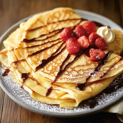 Une pile de crêpes nappée de sauce chocolat et garnie de fraises fraîches et d'une touche de crème fouettée, servie sur une assiette.