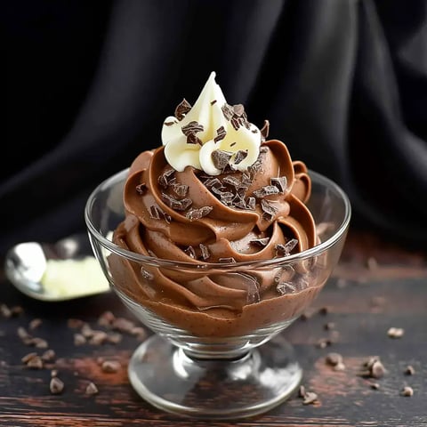 Un bol en verre rempli de mousse au chocolat tourbillonnante garnie d'une cuillerée de crème fouettée et de copeaux de chocolat.
