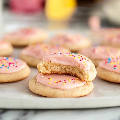 Un gros plan de biscuits glacés avec des vermicelles colorés, montrant un biscuit avec une bouchée prise.