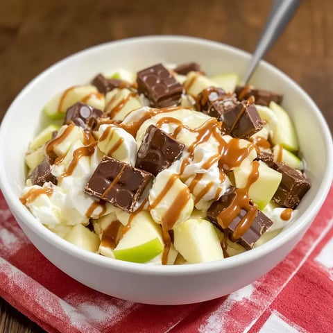 Bol plein de pommes vertes coupées, crème fouettée, morceaux de chocolat et filet de caramel.