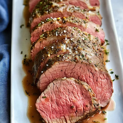 Un plateau de tranches de rôti de bœuf expertement coupées, assaisonnées d'herbes et garnies de sel, servies dans une sauce savoureuse.