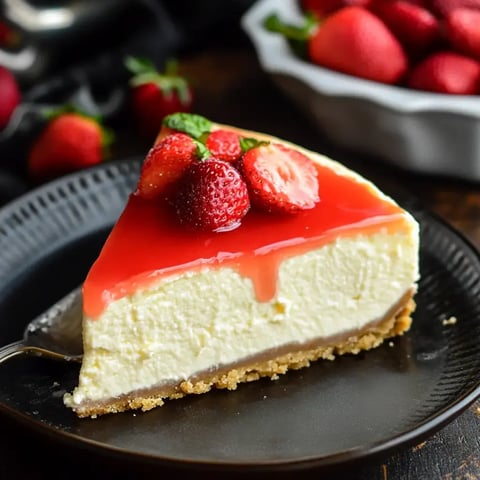 Une part de gâteau au fromage garnie de fraises fraîches et d'un glaçage rouge brillant, servie sur une assiette foncée avec d'autres fraises en arrière-plan.