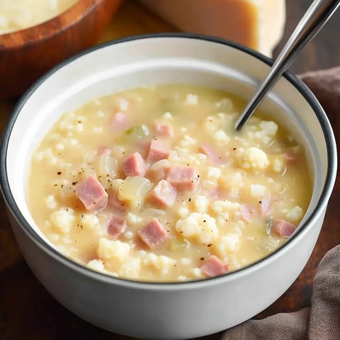 Un gros plan d'un bol de soupe consistante contenant du jambon en dés, du chou-fleur et des légumes, avec une cuillère à l'intérieur.