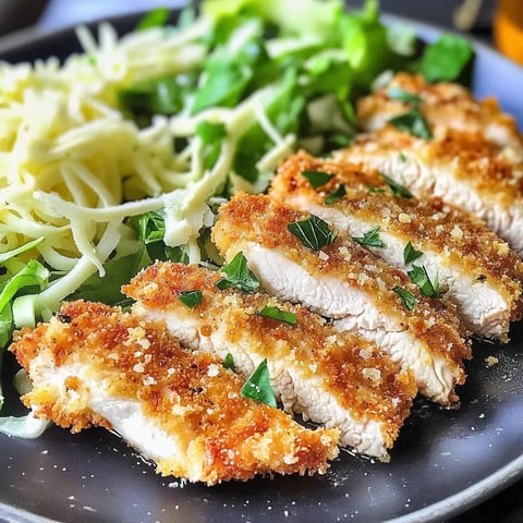 Une assiette d'escalopes de poulet panées et tranchées garnies de persil, servies avec des feuilles de salade et du fromage râpé.