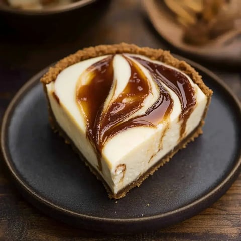 Une part de cheesecake avec une garniture crémeuse marbrée de sauce caramel sur une assiette sombre.