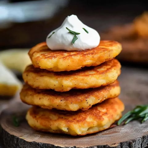 Un empilement de quatre galettes de pommes de terre dorées garnies d'une cuillerée de crème fraîche et d'herbes, posées sur une surface en bois.