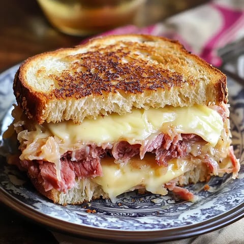 Un gros plan d'un sandwich grillé garni de fromage fondu, de bœuf salé et de choucroute sur une assiette décorative.