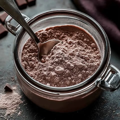 Un gros plan d'un bocal en verre rempli de poudre de cacao avec une cuillère à l'intérieur, et des morceaux de chocolat éparpillés en arrière-plan.