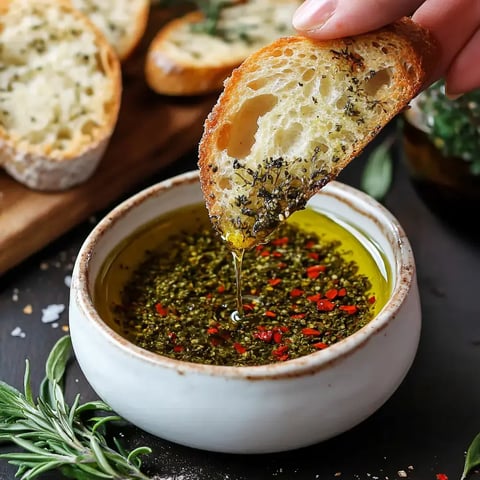 Une main trempe un morceau de pain garni d'herbes dans un bol d'huile d'olive aromatisée avec des flocons de piment rouge.