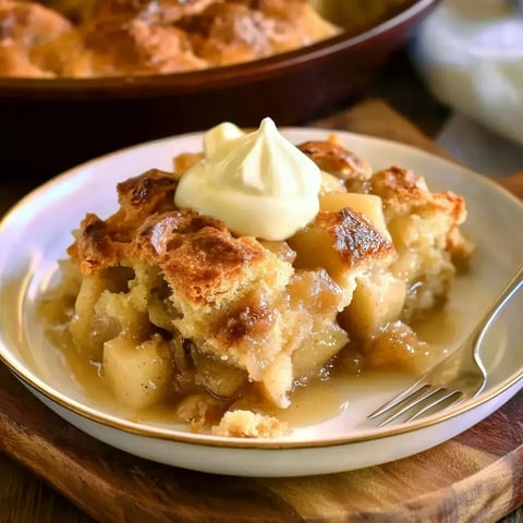 Une portion de crumble aux pommes chaud garni d'une touche de crème sur une assiette blanche.