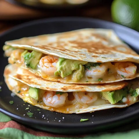 Un gros plan de deux quesadillas aux crevettes empilées, remplies de fromage fondu et d'avocat, servies sur une assiette noire.