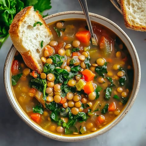 Un bol de soupe copieuse aux lentilles avec épinards, légumes coupés en dés, et une tranche de pain sur le côté.