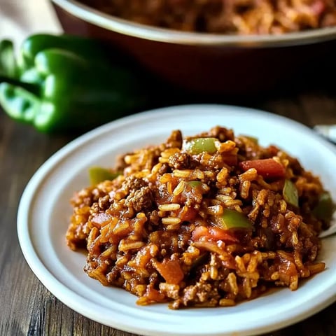 Une portion de bœuf assaisonné et riz mélangés avec des poivrons verts et tomates sur une assiette blanche, avec une marmite du plat et des poivrons verts en arrière-plan.