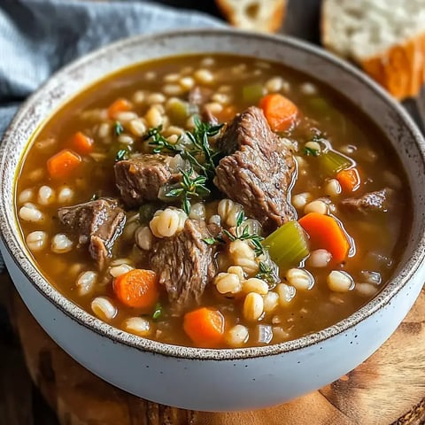 Un bol appétissant de soupe au bœuf et à l'orge avec carottes, céleri et herbes, servi avec des tranches de pain.