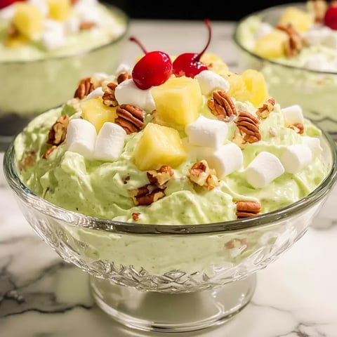 Un bol de dessert vert mousseux avec noix de pécan, ananas, mini-guimauves et cerises confites.