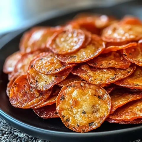 Gros plan sur un tas brillant de tranches de pepperoni croustillantes cuites au four sur une assiette noire.