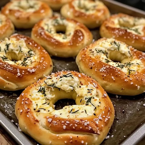 Un plateau de bagels fraîchement cuits garnis de fromage frais et d'herbes.