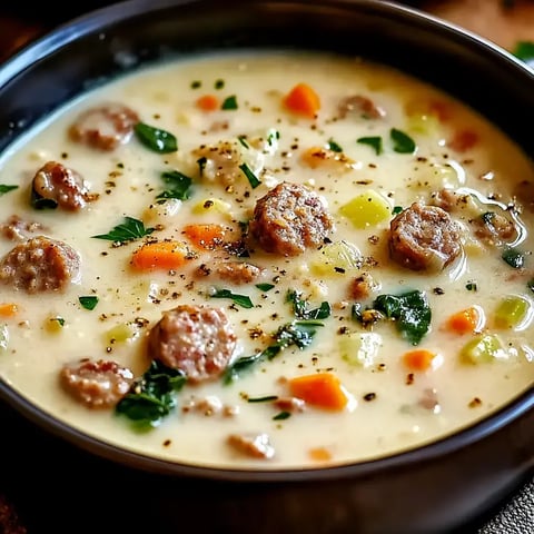 Une soupe crémeuse remplie de saucisses, carottes, céleri et herbes présentée dans un bol foncé.