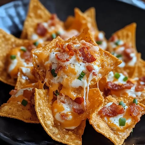 Gros plan sur un plat de nachos au fromage avec bacon et oignon vert.